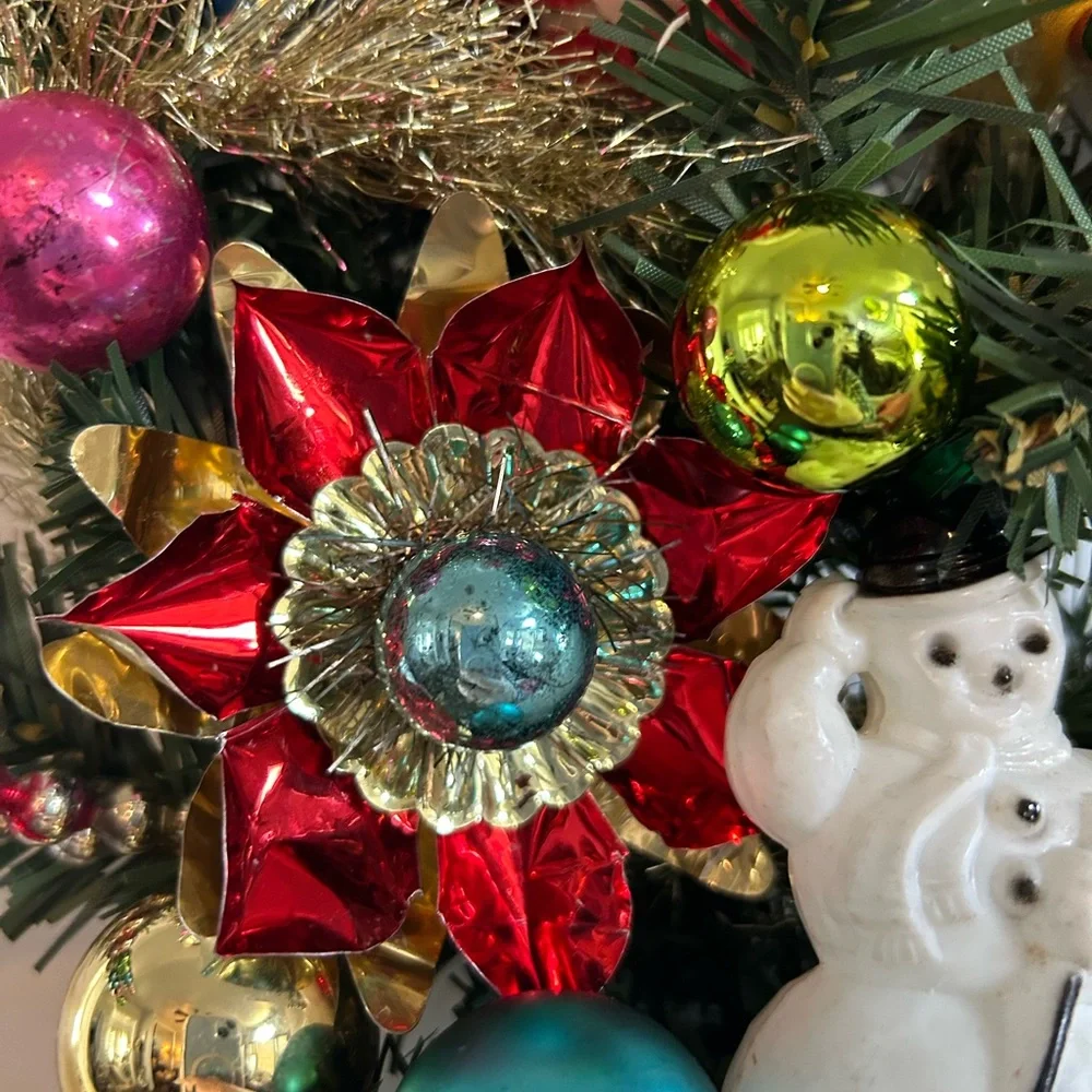 Vintage repurposed Festive Holiday Wreath with Red Bow - Picture 7 of 14